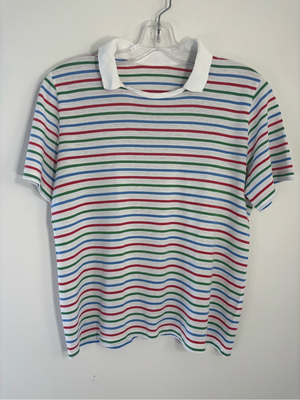 Women’s Short-Sleeve Striped Polo Tee in White with Multicolor Stripes